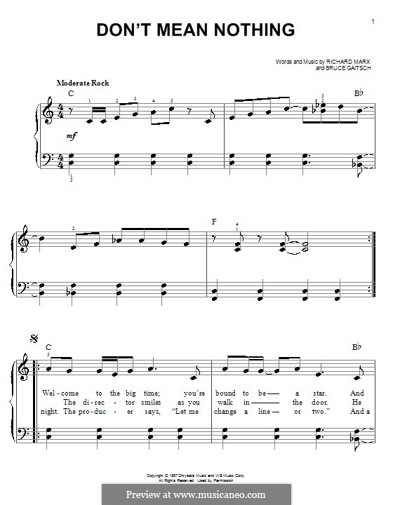 Don't Mean Nothing (Richard Marx): Für Klavier, leicht by Bruce Gaitsch