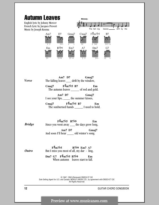 Autumn leaves аккорды. осенние листья аккорды. лист для аккордов гитары. Autumn leaves аккорды для гитары. осенние листья косма ноты и табы для гитары.