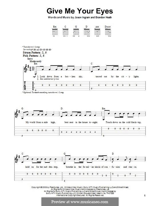 Give Me Your Eyes: Für Gitarre (Sehr leichte Fassung) by Brandon Heath, Jason David Ingram