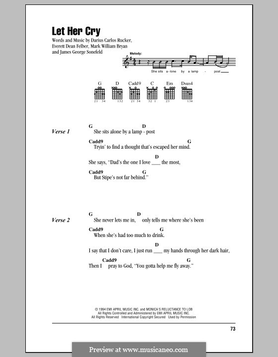 Let Her Cry (Hootie & The Blowfish): Text und Akkorde by Darius Carlos Rucker, Everett Dean Felber, James George Sonefeld, Mark William Bryan