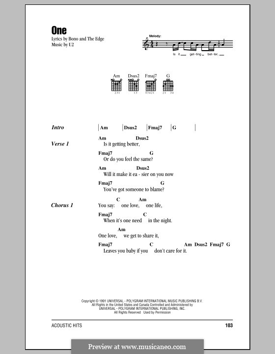 One: Text und Akkorde by U2, Adam Clayton, David Evans, Larry Mullen Jr., Paul Hewson
