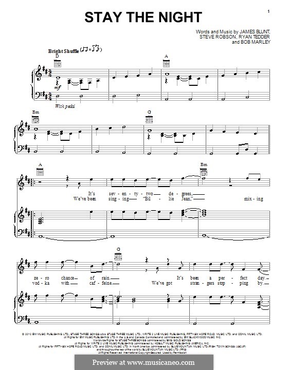 Stay the Night: Für Stimme und Klavier (oder Gitarre) by Bob Marley, James Blunt, Ryan B Tedder, Steve Robson