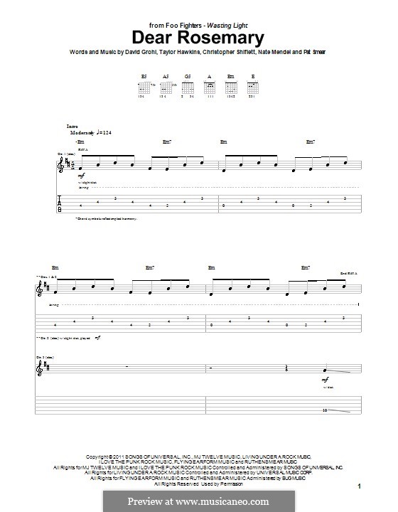 Dear Rosemary (Foo Fighters): Für Gitarre mit Tabulatur by Christopher Shiflett, David Grohl, Nate Mendel, Pat Smear, Taylor Hawkins