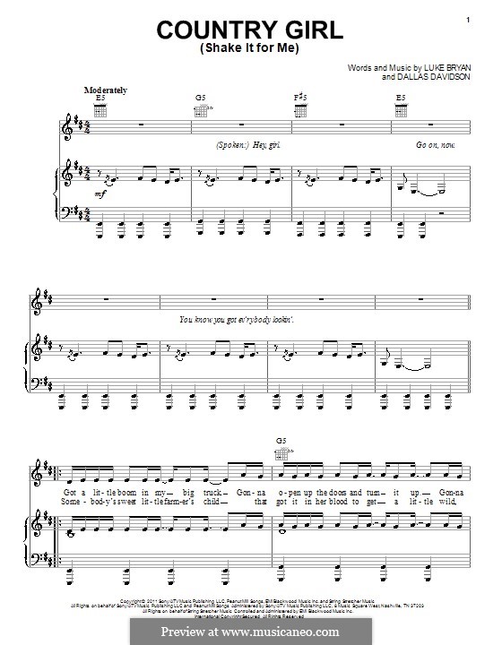 Country Girl (Shake It for Me): Für Stimme mit Klavier oder Gitarre (Luke Bryan) by Dallas Davidson