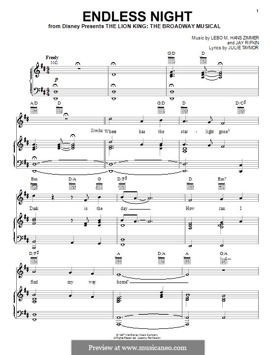 Endless Night: Für Stimme und Klavier (oder Gitarre) by Hans Zimmer, Jay Rifkin, Lebo M