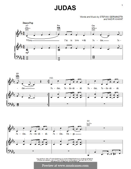 Judas (Lady Gaga): Für Stimme und Klavier (oder Gitarre) by RedOne, Stefani Germanotta