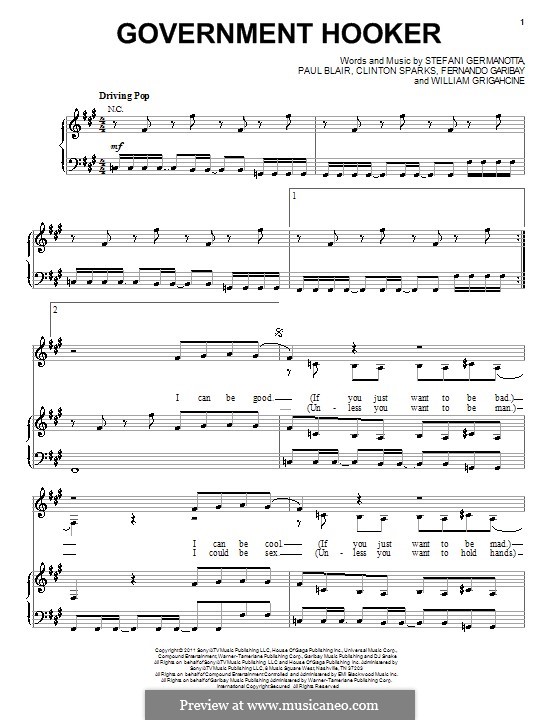 Government Hooker (Lady Gaga): Für Stimme und Klavier (oder Gitarre) by Clinton Sparks, Fernando Garibay, Paul Blair, Stefani Germanotta, William Grigahcine