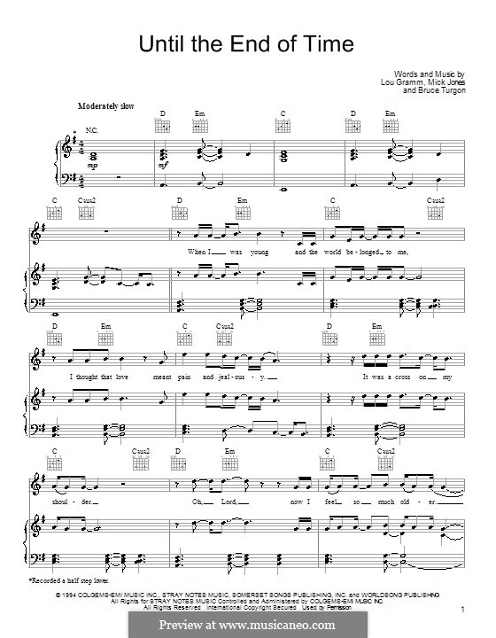 Until the End of Time (Foreigner): Für Stimme und Klavier (oder Gitarre) by Bruce Turgon, Lou Gramm, Mick Jones