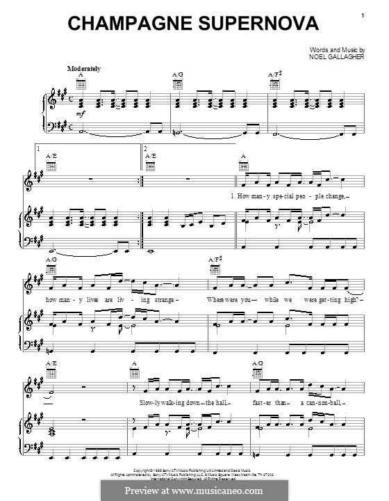 Champagne Supernova (Oasis): Für Stimme und Klavier (oder Gitarre) by Noel Gallagher