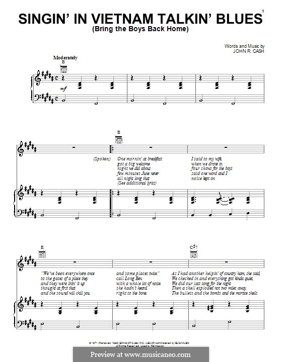 Singin' in Vietnam Talkin' Blues (Bring the Boys Back Home): Für Stimme und Klavier (oder Gitarre) by Johnny Cash