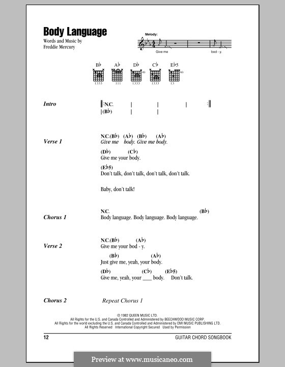 Body Language (Queen): Text und Akkorde by Freddie Mercury