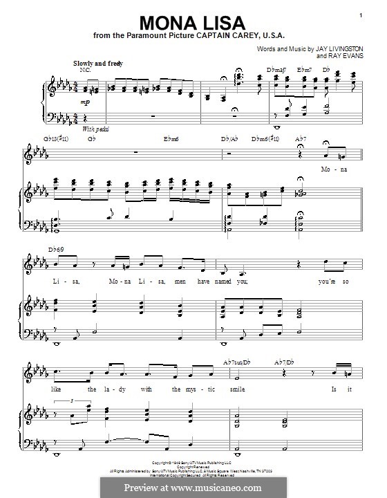 Mona Lisa (Nat King Cole): Für Stimme und Klavier by Jay Livingston, Raymond Evans