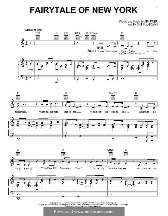 Fairytale of New York (The Pogues & Kirsty MacColl): Für Stimme und Klavier (oder Gitarre) by Jem Finer, Shane MacGowan