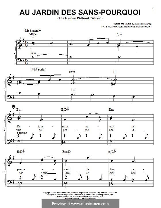 Au jardin des sans-pourquoi (The Garden without 'Whys'): Für Klavier by Josh Groban, Kate McGarrigle, Rufus Wainwright