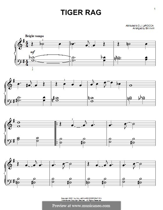 Tiger Rag: Einfache Noten für Klavier by D.J. LaRocca