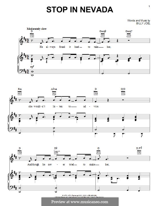 Stop in Nevada: Für Stimme und Klavier (oder Gitarre) by Billy Joel