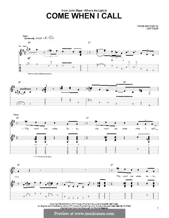 Come When I Call: Für Gitarre mit Tabulatur by John Mayer