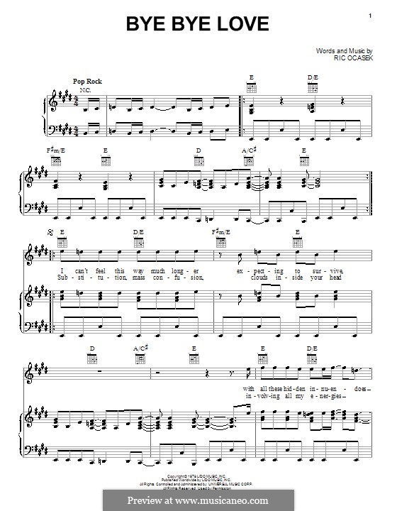 Bye Bye Love (The Cars): Für Stimme und Klavier (oder Gitarre) by Ric Ocasek