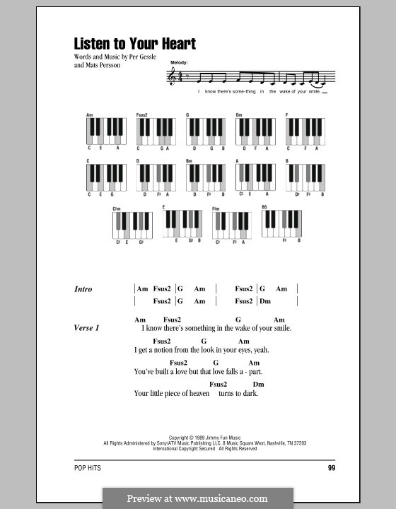 Listen to Your Heart (D.H.T.): Text und Akkorde für Klavier by Mats Persson, Per Gessle
