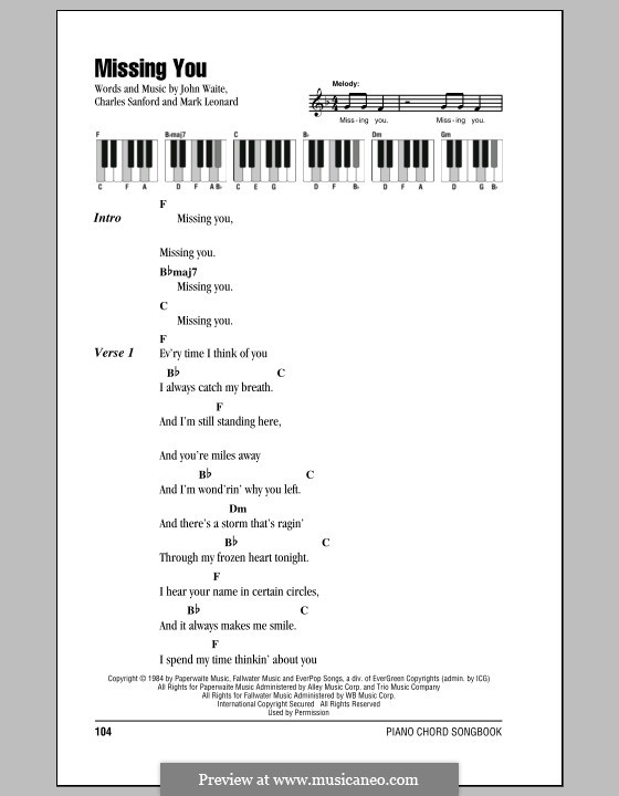 Missing You (John Waite): Text und Akkorde für Klavier by Charles Sanford, Mark Leonard