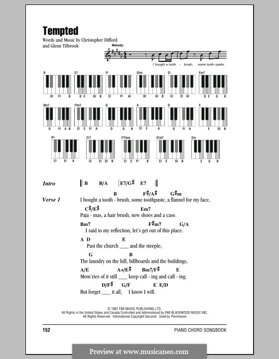 Tempted (Squeeze): Text und Akkorde für Klavier by Christopher Difford, Glenn Tilbrook