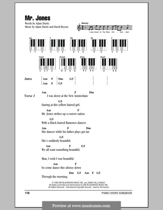 Mr. Jones (Counting Crows): Text und Akkorde für Klavier by Adam F. Duritz, David Bryson
