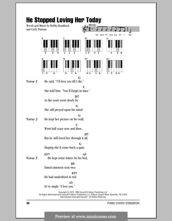 He Stopped Loving Her Today (George Jones): Text und Akkorde für Klavier by Bobby Braddock, Curly Putman