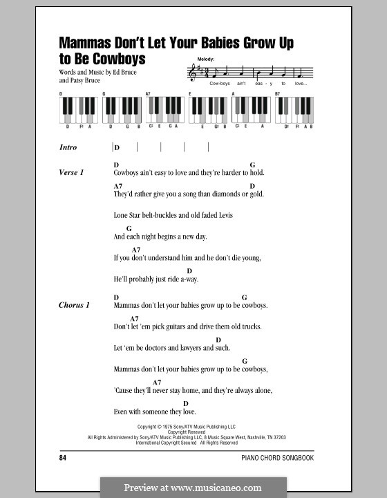 Mammas don't Let Your Babies Grow Up To Be Cowboys (Waylon Jennings & Willie Nelson): Text und Akkorde für Klavier by Ed Bruce, Patsy Bruce
