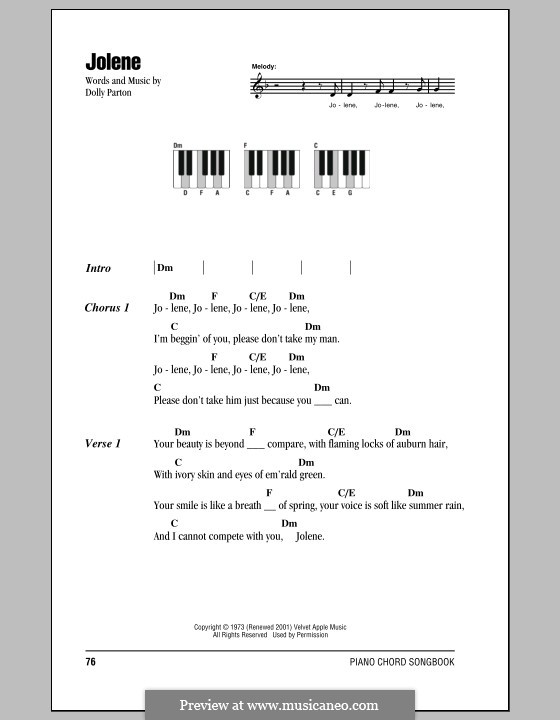 Jolene: Text und Akkorde für Klavier by Dolly Parton