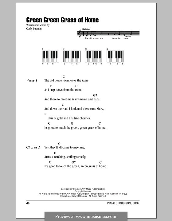 Green Green Grass of Home: Text und Akkorde für Klavier by Curly Putman