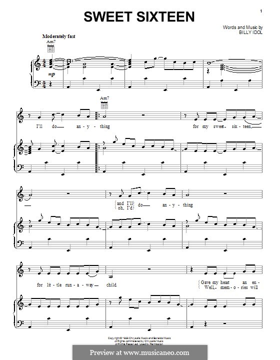 Sweet Sixteen: Für Stimme und Klavier (oder Gitarre) by Billy Idol