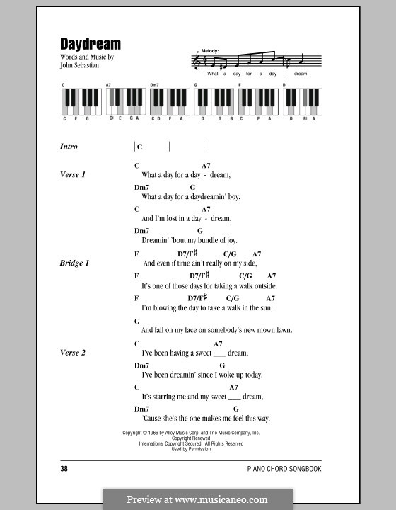 Daydream (The Lovin' Spoonful): Text und Akkorde für Klavier by John B. Sebastian
