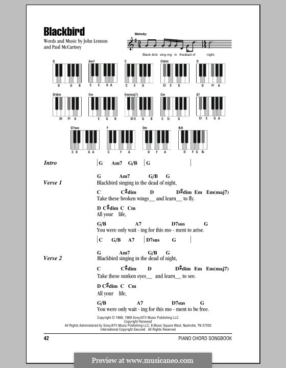 Blackbird (The Beatles): Text und Akkorde für Klavier by John Lennon, Paul McCartney
