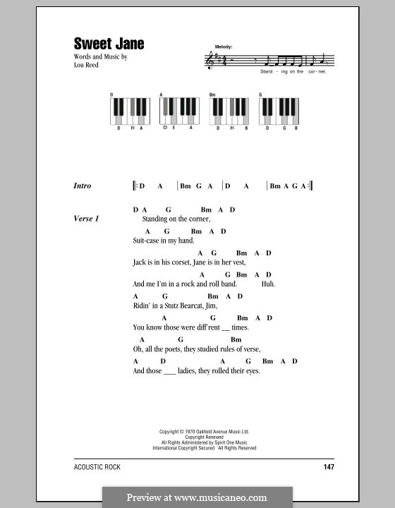 Sweet Jane: Text und Akkorde für Klavier by Lou Reed