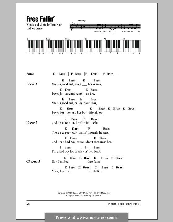 Free Fallin': Text und Akkorde für Klavier by Jeff Lynne