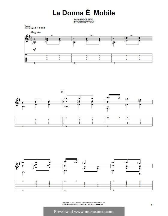 La donna è mobile (Over the Summer Sea) printable scores: Für Gitarre by Giuseppe Verdi