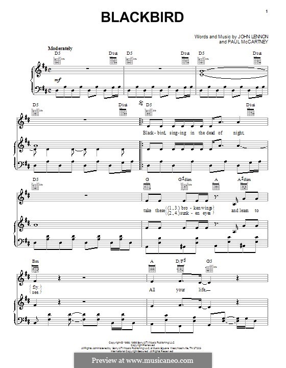 Blackbird (The Beatles): Für Stimme und Klavier oder Gitarre (D-Dur) by John Lennon, Paul McCartney