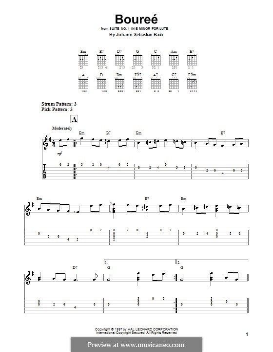 Suite für Laute (oder Cembalo) in e-Moll, BWV 996: Bourrée. Version for easy guitar (with tab) by Johann Sebastian Bach