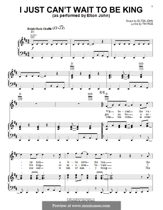 I Just Can't Wait To Be King (from The Lion King): Für Stimme und Klavier (oder Gitarre) by Elton John