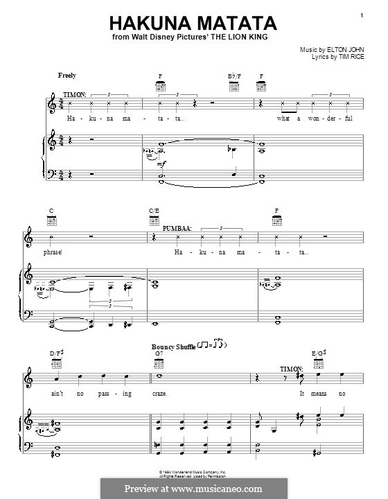 Hakuna Matata (from The Lion King): Für Stimme und Klavier (oder Gitarre) by Elton John
