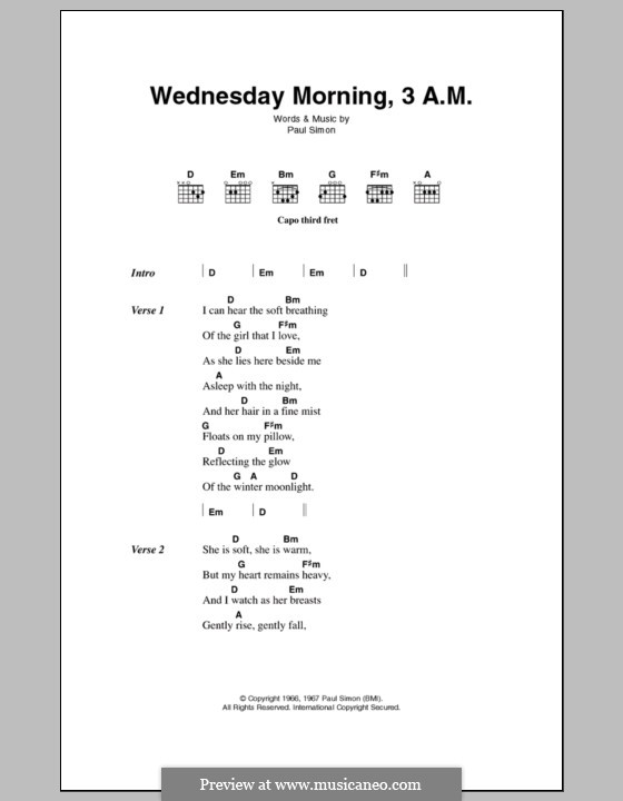 Wednesday Morning, 3 A.M. (Simon & Garfunkel): Text und Akkorde by Paul Simon