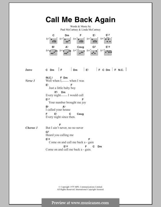Call Me Back Again: Text und Akkorde by Linda McCartney, Paul McCartney
