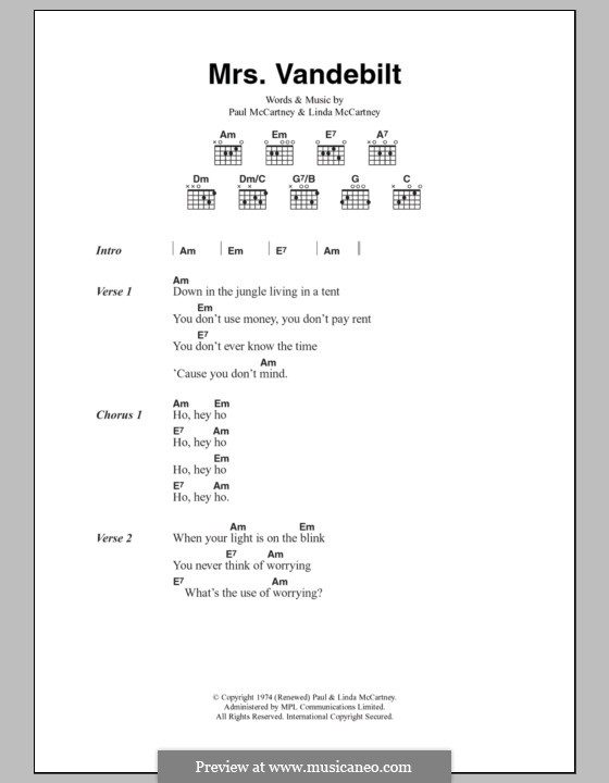 Mrs. Vandebilt (Wings): Text und Akkorde by Linda McCartney, Paul McCartney