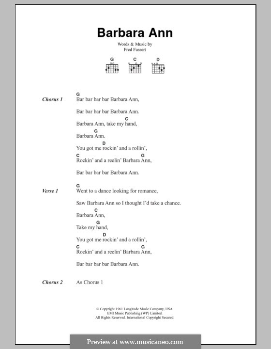 Barbara Ann (The Beach Boys): Text und Akkorde by Fred Fassert