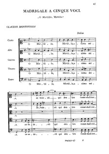 Heft 5 (für fünf Stimmen), SV 94–106: O Mirtillo anima mia by Claudio Monteverdi