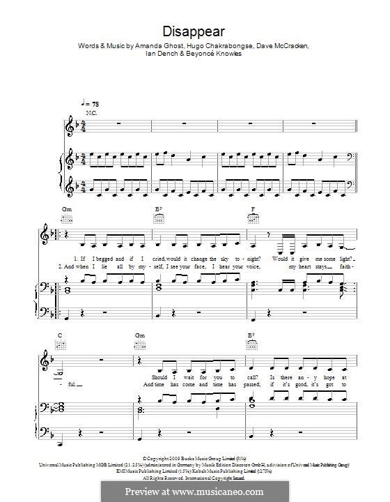 Disappear (Beyonce): Für Stimme und Klavier (oder Gitarre) by Amanda Ghost, Dave McCracken, Hugo Chakrabongse, Ian Dench