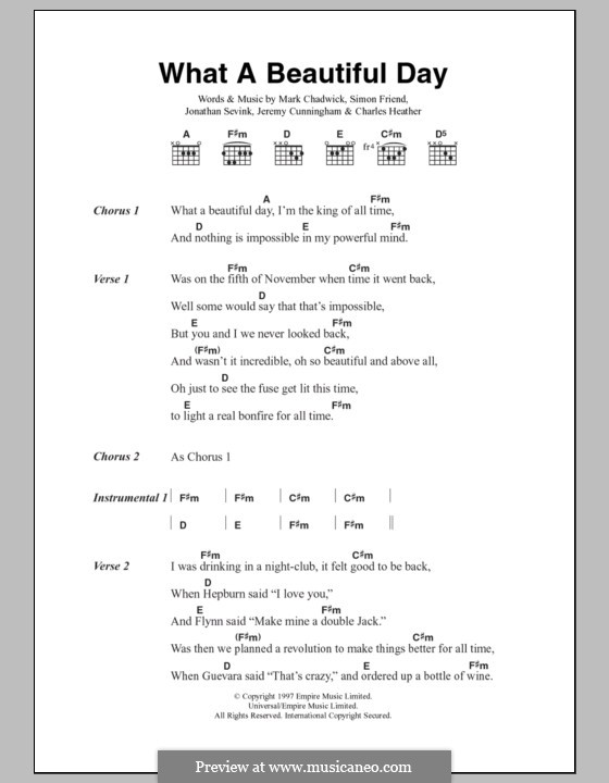 What a Beautiful Day (The Levellers): Text und Akkorde by Charles Heather, Jeremy Cunningham, Jonathan Sevink, Mark Chadwick, Simon Friend