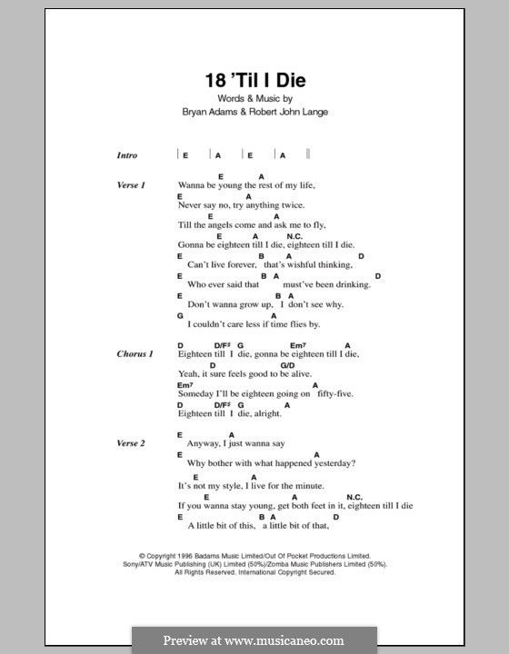18 'Til I Die: Texte und Akkorde by Bryan Adams, Robert John Lange