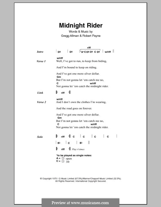 Midnight Rider (The Allman Brothers Band): Texte und Akkorde by Gregg Allman, Robert Kim Payne