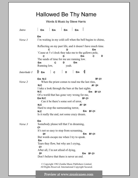 Hallowed Be Thy Name (Iron Maiden): Text und Akkorde by Steve Harris